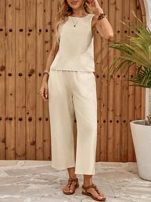 EMERY ROSE Women's Solid Color Sleeveless Blouse With Single-Row Back Button Design And Pants Casual 2-Piece Set Vacation Orange Summer - Camel - View 7