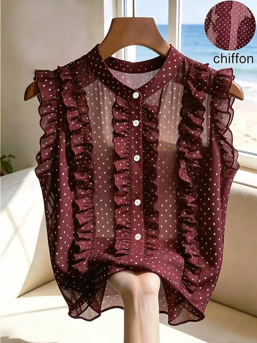 Franclia 女款黑色波點雪紡襯衫,優雅浪漫荷葉邊百褶設計 - 鏽棕色 - 查看 1