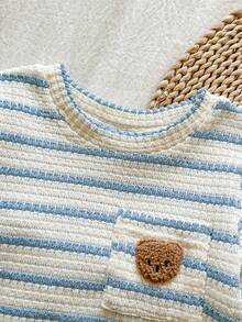 SHEIN Baby Boy Striped Waffle Knit Set, Cute Teddy Bear Pocket Long Sleeve T-Shirt & Pants 2pcs Outfit, Infant Toddler Casual Autumn - Baby Blue - View 10