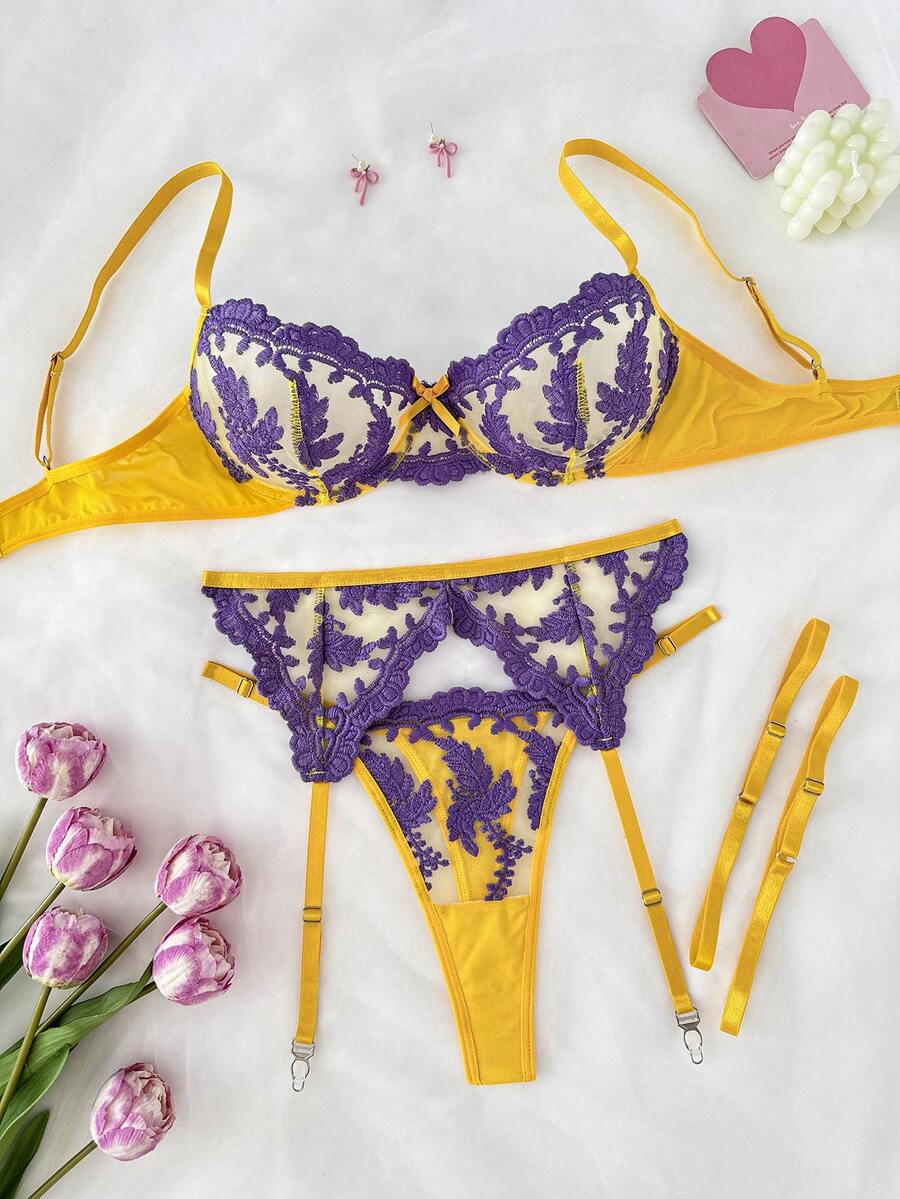 SHEIN 女款性感內衣套裝 5 件組 - 黃色 - 查看 1