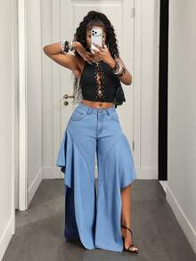 BamGleam Jeans de mujer de moda para exteriores y vacaciones, con abertura alta, diseño calado y plisado, en color azul denim - Lavado ligero - Ver 7