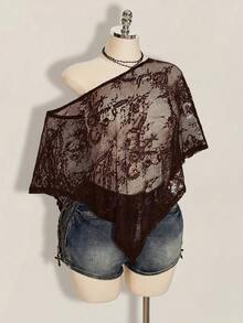 SHEIN ICON 大尺碼女款蕾絲性感透視日常罩衫上衣 - 棕色 - 查看 5