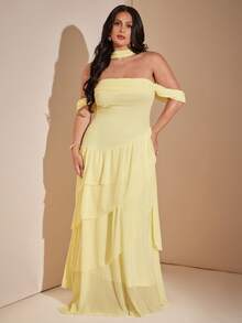 SHEIN BAE CURVE 大尺碼女款淺黃色荷葉邊浪漫長洋裝 - 黃色 - 查看 6