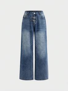 SWAVVY Celana Jeans Denim Kasual Pria Model Lebar dengan Desain Gesper Pesawat dan Saku - Biru - View 2