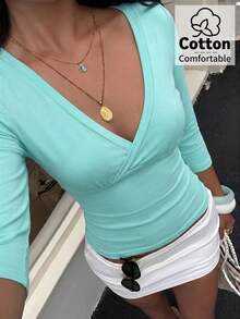 Aloruh Aqua Blue V-Neck 3/4 Sleeve Slimming T-Shirt Everyday Sexy Autumn Casual Outfits Clothes Beach Everyday Going Out Vacation Boho Y2k Clothes Y2K Tops - Teal Blue - View 4