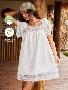 Lullawish White,Summer,Home Bohemian Style Women's Nightgown,Water-Soluble Lace Patchwork 100% Cotton Woven Fabric A-Line Doll Dress Vacation Wear - White - View 1