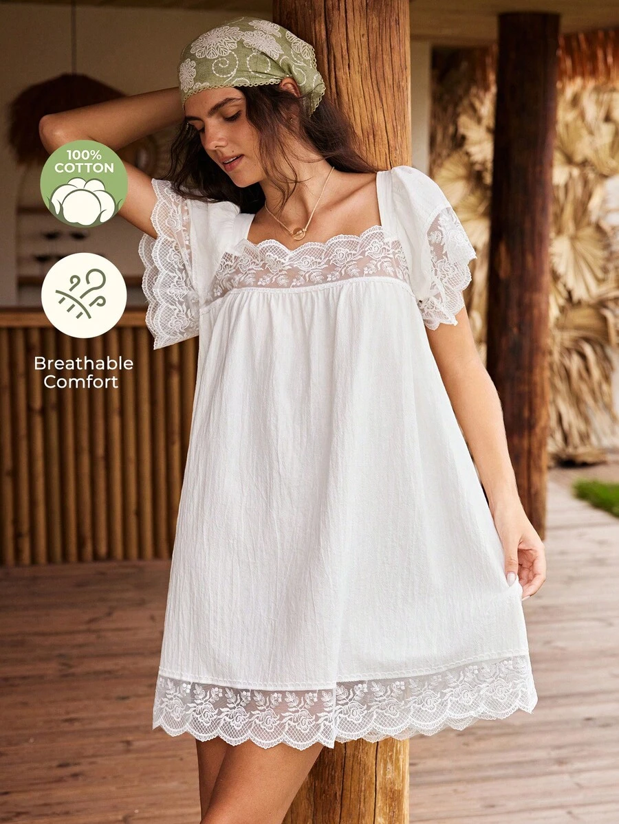 Lullawish White,Summer,Home Bohemian Style Women's Nightgown,Water-Soluble Lace Patchwork 100% Cotton Woven Fabric A-Line Doll Dress Vacation Wear - White - View 1