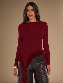 SHEIN BAE 女款純色圓領長袖不對稱下擺時尚上衣 - 酒紅色 - 查看 7
