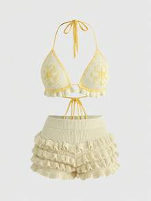 ROMWE Plus Size Spring Cute Floral Triangle Cup Swimsuit With Beach Vacation Knit Top And Mini Shorts Set - Yellow - View 1