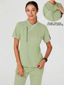 TaskEZ Blusa de trabajo de manga corta de unicolor para mujer - Verde - Ver 3