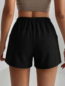 SHEIN Tall 女款純色彈性腰前打結口袋休閒短褲 - 黑色 - 查看 3
