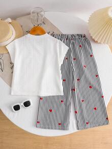 SHEIN KIDS KIDS 女孩愛心印花無袖寬腿褲2件套，白色無袖愛心圖案上衣搭配黑白條紋愛心印花寬腿褲，親膚面料，甜美休閒風格兒童服飾，適合春秋日常穿著與校園穿搭，小眾設計兒童套裝 - 白色 - 查看 2