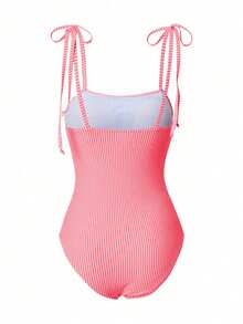 SHEIN Swim 女款條紋連身泳衣，適合度假與海灘 - 西瓜粉 - 查看 7