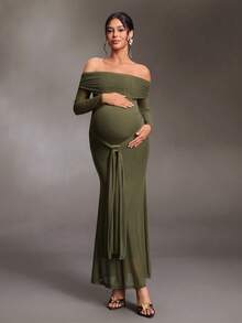 Cheriluna Maternity Maternity Off-Shoulder Solid Color Casual Party & Travel Dress Fall - Dark Green - View 4
