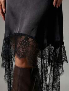 Avenya Low Waist Lace Tassel A-Line Midi Skirt, Asymmetrical Satin Split Maxi, Date Golf, Commute, Beach Formal Pastal Summer Girlisim - Black - View 3