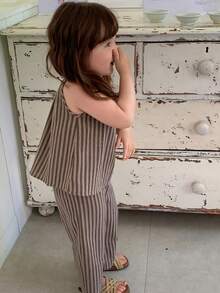 DAZY 女嬰簡單條紋上衣與寬鬆長褲套裝 夏季幼兒 - 灰色 - 查看 2