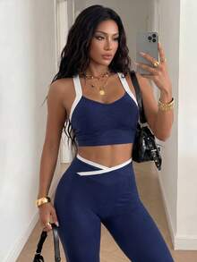 StreetHx 1 Set Navy Blue And White Seamless Sports Set,Autumn Athleisure Gym,Sleeveless Backless Soft Fitted Workout Clothes For Women,Leggings Two Pieces Set - Navy Blue - View 6