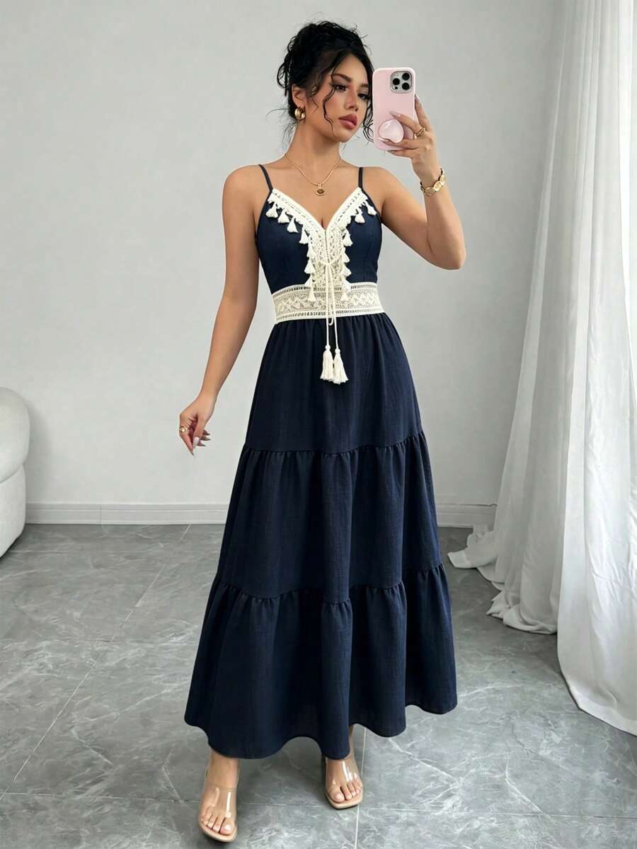 SHEIN Raffinéa 女款春季時尚休閒藍白碎花細肩帶洋裝 - 藏蓝色 - 查看 1