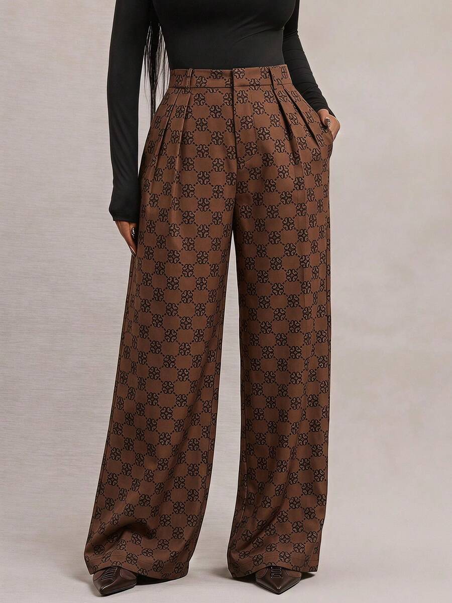Radiana Curve 大尺碼女款極簡法式優雅波點印花深咖啡色寬腿褲,通勤女式棕色高腰寬腿西裝褲,四季通用,春季&夏季,秋季&冬季 - 彩色 - 查看 1