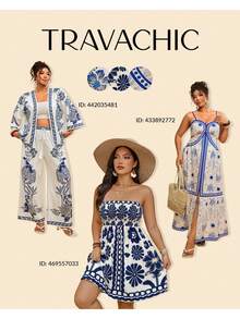 Travachic 女士吊带连衣裙，心形领口，收腰设计，镂空剪裁，蓝白对称花卉印花，优雅百搭，适合日常穿着、度假、海滩、春夏穿着，大码长款连衣裙 - 藍白色 - 查看 14