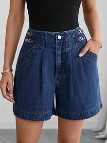 SHEIN Clasi Women's Patchwork Chain Design Pocket Casual Denim Shorts Travel Vacation Dark Blue Summer - Blue - View 1