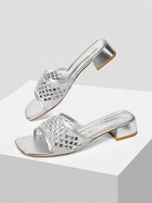 MOTF WOMEN SHOES NEW FRENCH RETRO FASHION SQUARE TOE MESH HOT DRILL HOLLOW THICK HEEL SANDALS, SILVER ELEGANT AND COMFORTABLE VERSATILE SUMMER - Silver rhinestones - View 5