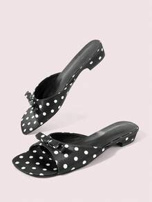 CUCCOO DOLLMOD Women's Shoes, Black And White Polka Dot Bow Decorative Square Toe Flat Sandals, Casual Satin Open-Toed Slippers, Suitable For Daily Wear - Black - View 3