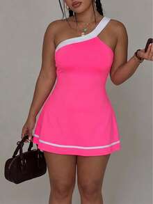 SHEIN Dewbera 2PCS Spring/Summer Sports Dress, Red Color Block One Shoulder Skirt With Contrast Stripe, Detachable Shorts And Pockets, Suitable For Casual Wear, Running, Yoga, Gym, Tennis, Golf - Hot Pink - View 5