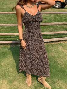 Livesso Women's Leopard Print Spaghetti Strap Dress Vacation Summer Brown Sexy 70s Retro 90s Night Out - Coffee - View 5