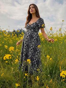 Boho Mama 孕婦花卉印花扭轉設計短花瓣袖洋裝 - 黑色 - 查看 3