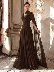 Aureia Elegant Brown Summer Wine Red Glossy Mesh V-Neck Ruched Super Flared A-Line Skirt (Detachable Halter Chiffon Flounce) Formal Evening Wedding Dress - Coffee Brown - View 6