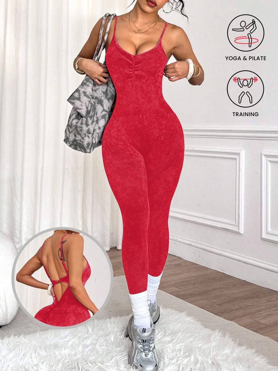 SHEIN Sports 1件女款磨砂水洗圓領扭轉細肩帶連身褲,紅色夏季性感健身運動瑜珈訓練連身褲 - 紅色 - 查看 1