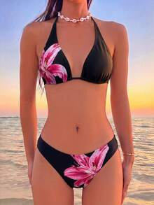 Swim Mod 女款兩件式比基尼套裝，熱帶可愛多色圖案掛脖綁帶比基尼上衣與三角褲，熱銷海灘度假休閒優雅情人節派對比基尼套裝，女款假期優雅海灘穿搭泳衣 - 彩色 - 查看 6