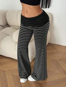 SHEIN PETITE Women's Autumn/ Vintage Casual Black And White Striped Street-Style Vintage Side Drawstring Striped Flared Pants Bell Bottom Pants Work - Black - View 3