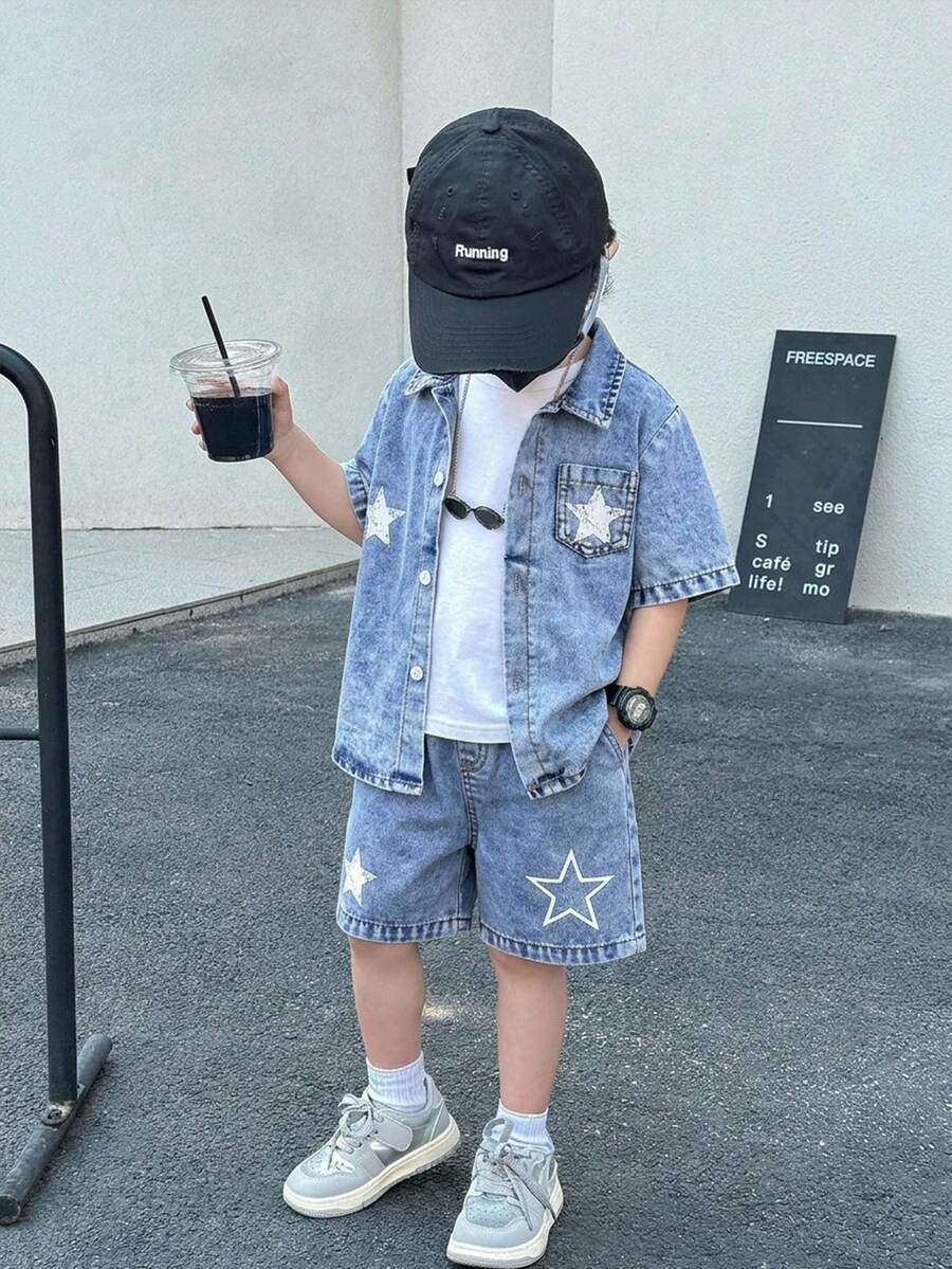 Bubblio 兒童小男孩牛仔短袖襯衫與牛仔短褲 2件套