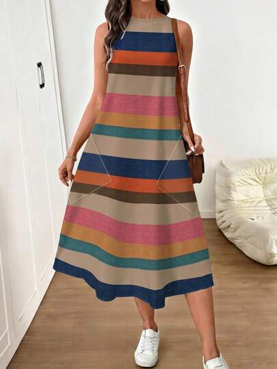 SHEIN LUNE Women's Casual Boho Blue Striped Colorblock Print Mid-Length Dress, Suitable For Spring/Summer Vacation