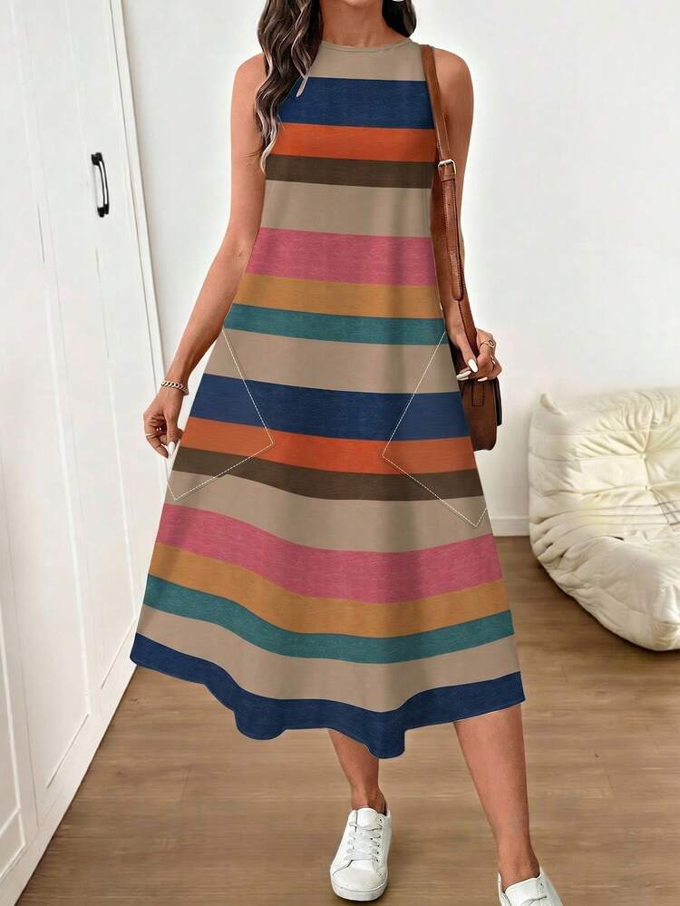 SHEIN LUNE Women's Casual Striped Colorblock Print Mid-Length Dress, Suitable For Spring/Summer - Multicolor - View 1