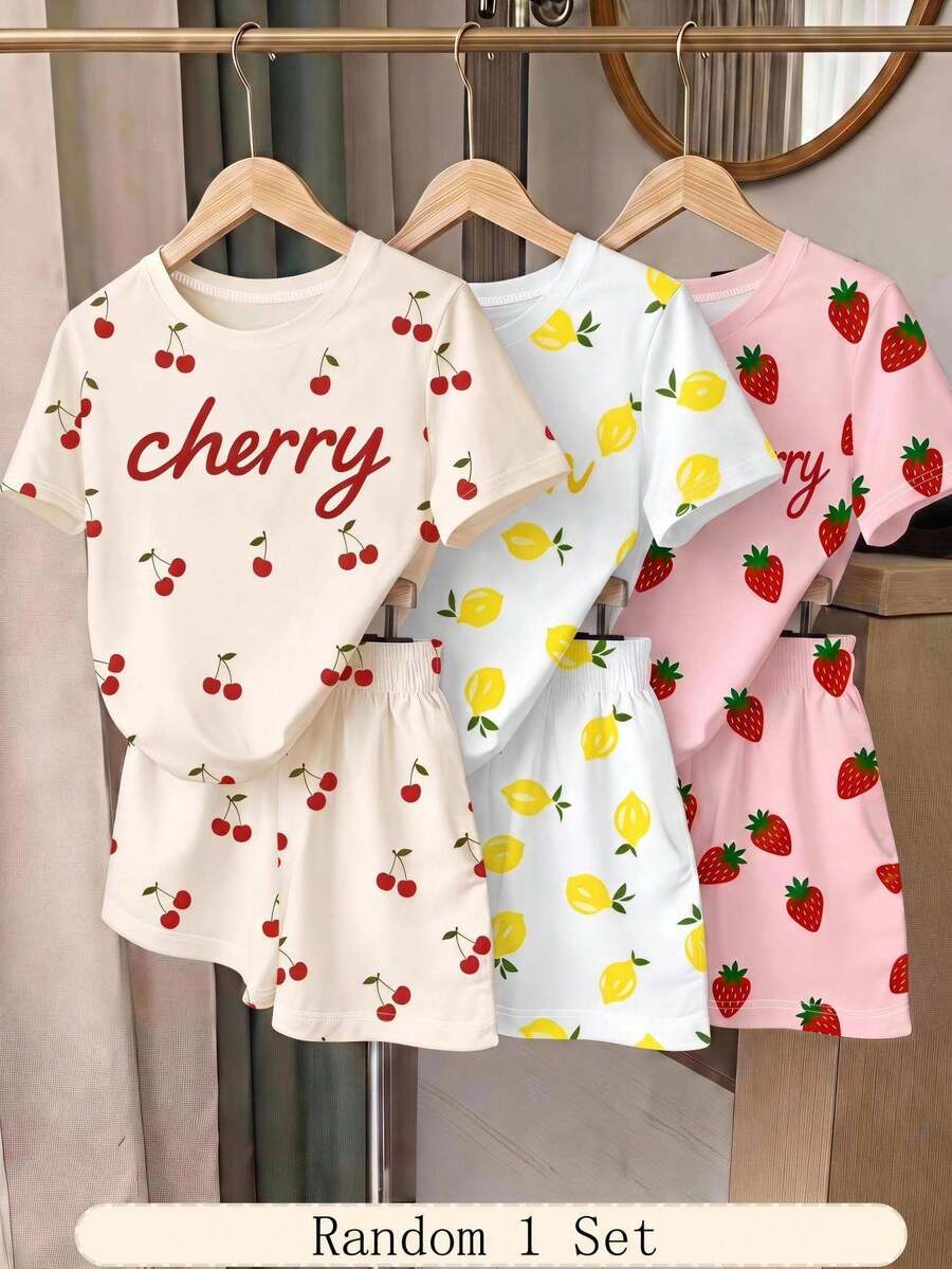 1 Set Young Girls Random Surprise Blind Box Sweet Fresh Style Printed Fruit Letter Pattern T-Shirt And Shorts Set, Daily Out, Casual Wear, Summer Clothes 2 Pieces - Multicolor - View 1