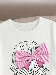 SHEIN 女童休闲圆领短袖T恤蝴蝶结装饰条纹长裙套装，夏季 - 粉色 - 查看 4