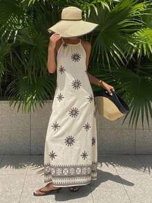 DAZY 印花波西米亚风抽绳吊带连衣裙，女士夏季长款连衣裙，波西米亚风度假装扮 - 象牙白色 - 查看 3