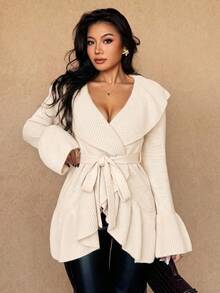 Almamuse 女款基礎簡約優雅法式休閒風浪漫前綁帶開襟衫 米色 秋冬 早午餐辦公穿搭 - 杏色 - 查看 5