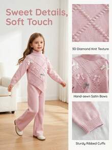 SHEIN Vintaside Kids 女童休閒公主娃娃風粉色花卉蝴蝶結尖擺高領針織毛衣＋寬腿褲兩件套，秋季穿搭 - 粉色 - 查看 11