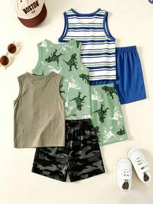 Conjunto de 3 piezas de camisetas sin mangas cómodas con estampado de dibujos animados simple y casual para niños pequeños, adecuado para primavera y verano - Multicolor - Ver 2