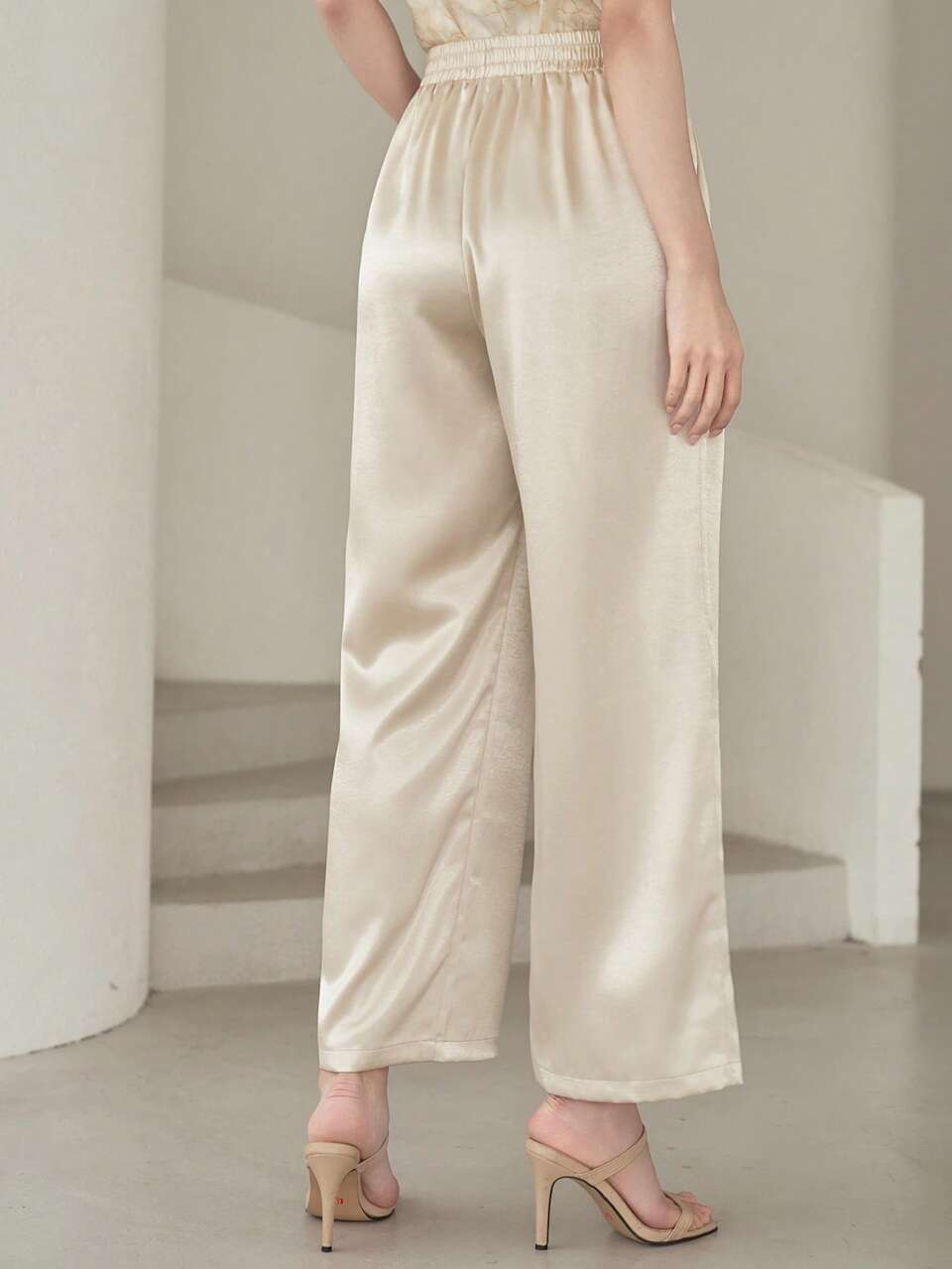 Summer Autumn High Waist Elastic Waist Satin Glossy Loose Wide Leg Draped Solid Apricot Color Women's Long Pants
