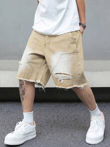 Manfinity EMRG Quần short denim thường ngày tua rua có túi bên hông dành cho nam - Màu Khaki - Xem 1