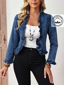 EMERY ROSE Plus Size Women Street Casual Comfortable Ruffle Trim Mid Blue Non-Stretch Denim Jacket - Dark Wash - View 5