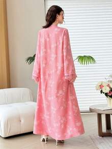 Al Najma 女款優雅V領提花飾邊蕾絲拼接長袖大裙擺阿拉伯風洋裝 - 粉色 - 查看 6