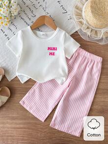 SHEIN Playful Pals 2件組女嬰夏季黑色短袖T恤刺繡裝飾條紋長褲套裝休閒度假風 - 粉色 - 查看 12