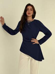 Aloruh Women's Casual Design Asymmetric Hem Long Sleeve Boat Neck Blouse, Versatile Elegant Navy Blue Shirt For Daily Commute And Outings Work Autumn - Navy Blue - View 6