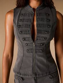 Opulessa Casual Solid Color Women's Zipper Front Vest Jacket - Grey - View 6